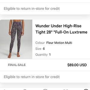 Lululemon Wunder under high rise 28” leggings size 6